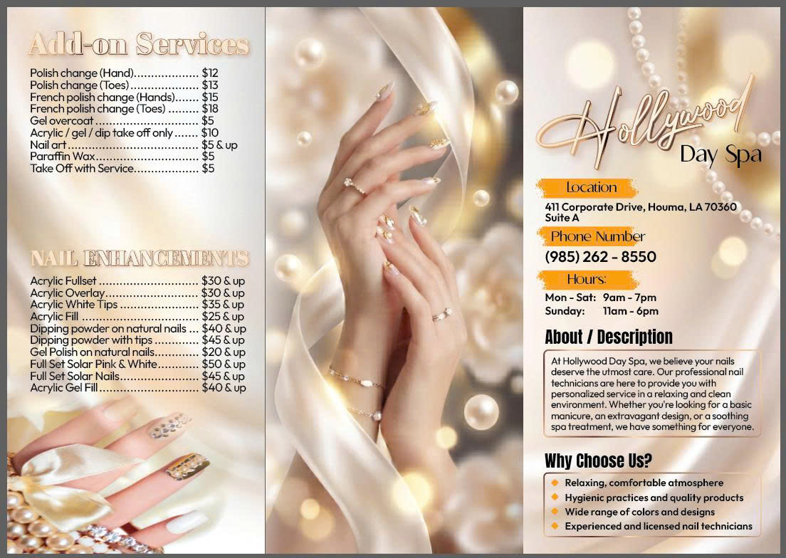 Hollywood Day Spa original printed menu, page 2